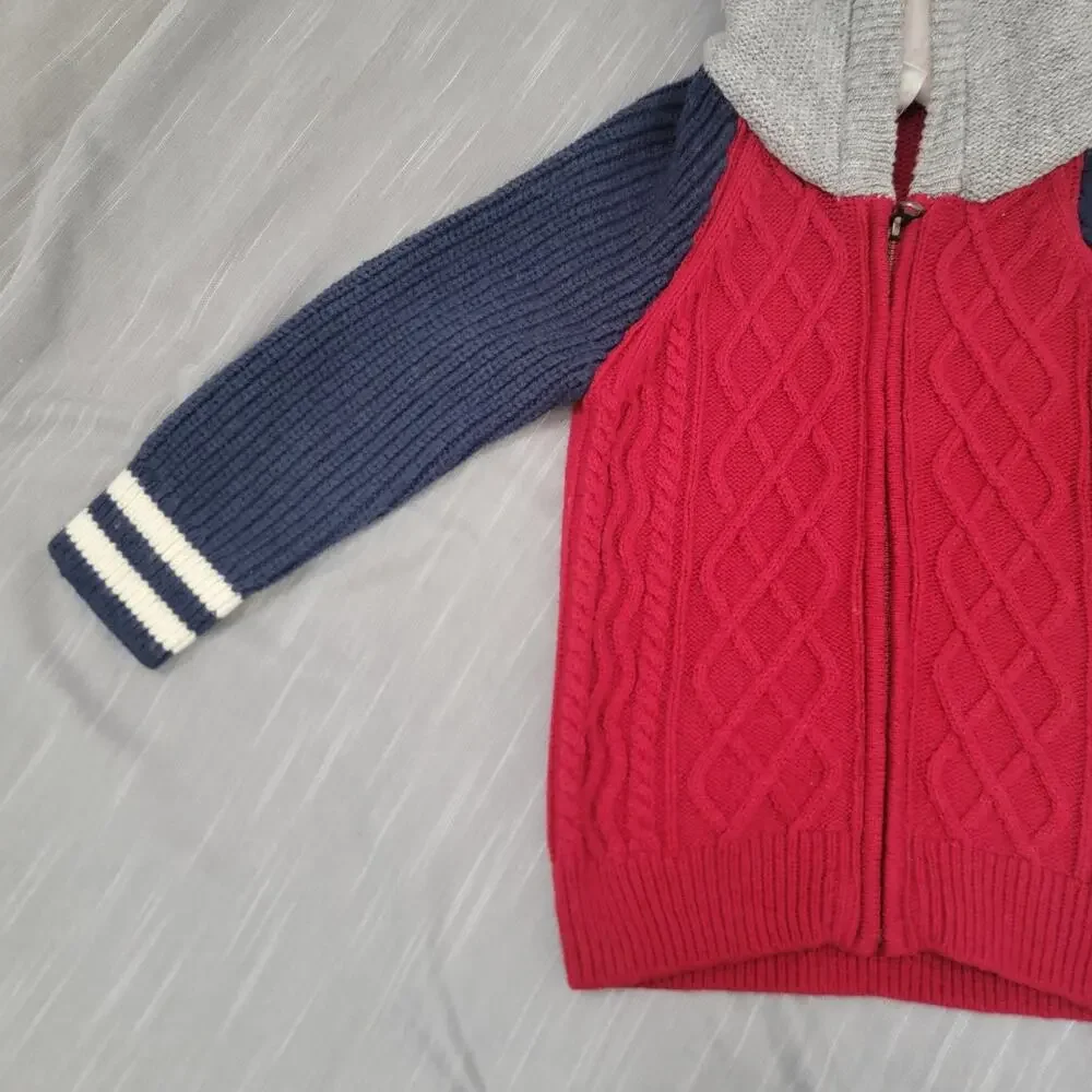 Baby Gap Full Zip Cable Knit Hoodie Sz 2T‎ Red Blue Gray Wool Blend Sweater New